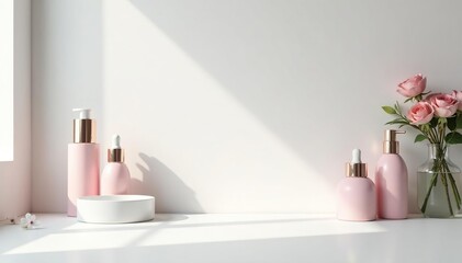 Clean, minimalist white backdrop for cosmetic displays, shadowless, light, image