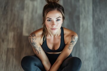 Fototapeta premium Fit caucasian female in activewear with tattoos sitting on floor