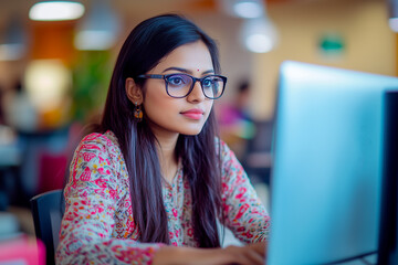 Indian software developer working on computer in busy office