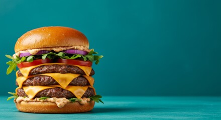 Delicious towering burger with multiple beef patties, melted cheese, lettuce, tomato, and onions against a vivid turquoise background