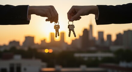 Hands holding keys against a sunset skyline, symbolizing new beginnings and opportunities in real estate