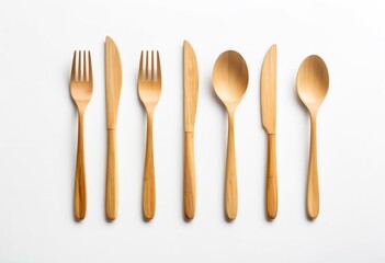 bamboo cutlery set on white background, flat lay