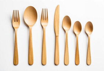 bamboo cutlery set on white background, flat lay
