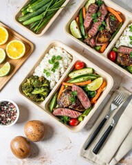 Healthy meal prep with fresh ingredients and balanced nutrition in meal containers on a kitchen countertop