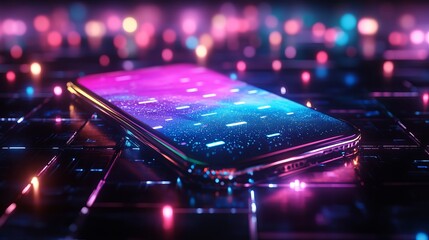 Futuristic Smartphone Neon Lights Digital Technology Abstract Background Modern Mobile Phone Screen Purple Blue Pink Glowing Lines Elegant Device     