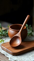 Wooden Spoon and Bowl on Wooden Board Rustic Kitchenware Still Life Photography