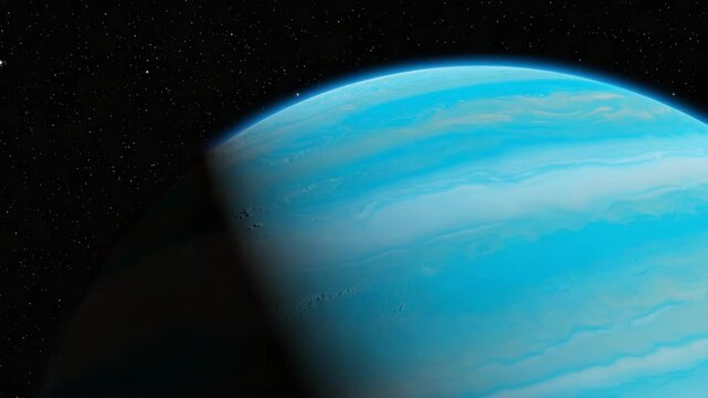 Tranquil view of a gas giant with bands of clouds and visible terminator against a backdrop of twinkling stars