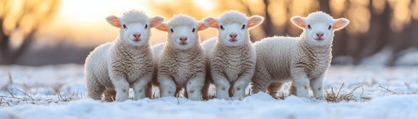Obraz premium Four adorable baby lambs standing together in a snowy field. The lambs are all looking at the camera, with curious and innocent expressions on their faces.