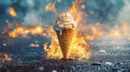 Melting Ice Cream Cone on Fire – Striking Conceptual Image Representing Climate Change, Global Warming or Urgency in Summer Heat