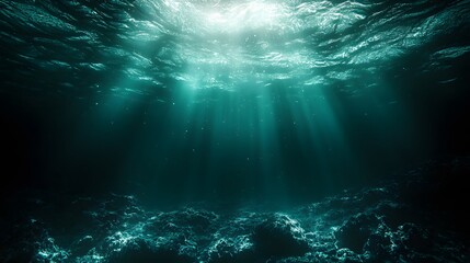 Fototapeta premium Mysterious Deep Ocean Underwater Scene Sunbeams Dark Seabed