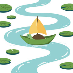 Naklejka premium Duck-shaped green boat with yellow sail sailing on winding river with lily pads vector illustration 