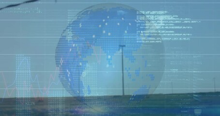 Semi-transparent globe floating over landscape, displaying wind turbines, code text and graph lines - Powered by Adobe
