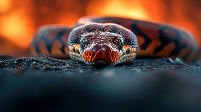 A snake with a red head and black and yellow stripes