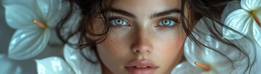 Obraz premium A portrait of a beautiful woman with flowers, showcasing natural beauty and elegance. Her captivating eyes draw you in. She has fair skin and soft features, surrounded by delicate blooms