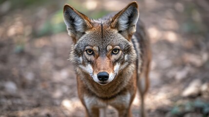 Naklejka premium A coyote is standing in the woods with its head held high
