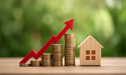 A wooden house beside stacks of coins with an upward arrow