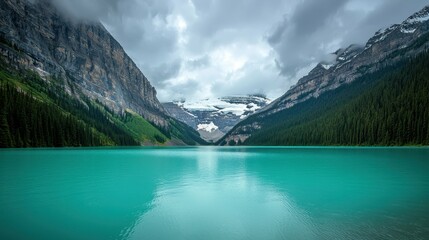 A beautiful lake surrounded by mountains with a cloudy sky in the background