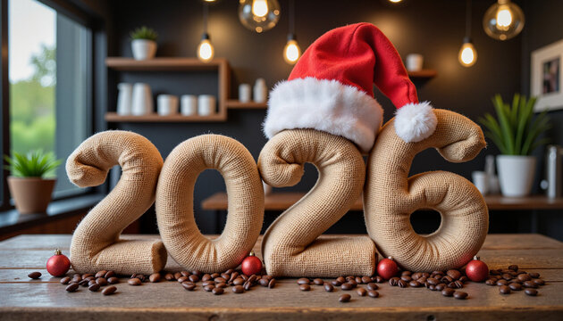 3D text "2026" made from textured burlap sack material filled with coffee beans, with a Santa hat on the number 2 and tiny red holiday ornaments