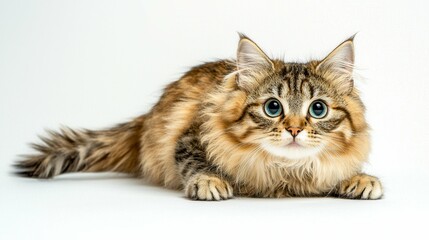 Fototapeta premium A cat with blue eyes is laying on a white background