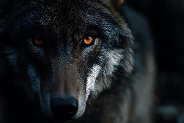 Striking dire wolf with orange eyes in dark woodland scene  
