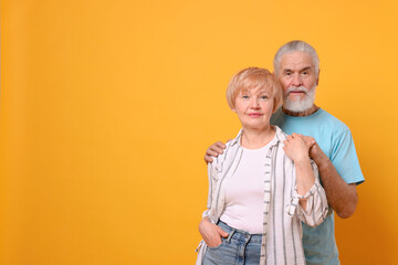 Portrait of lovely senior couple on orange background. Space for text