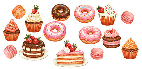 Assorted desserts include cupcakes, macaroons, donuts with frosting