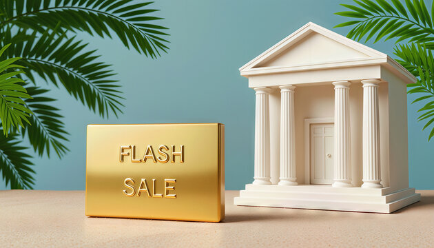 Neoclassical-style white bank building with tall columns next to a glossy gold bar labeled “Flash Sale” on a clean beige stone surface, summer décor