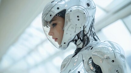A futuristic woman dressed in a metallic space suit, helmet looking up. The overall composition suggests a sense of space exploration, futuristic, or sci-fi theme.