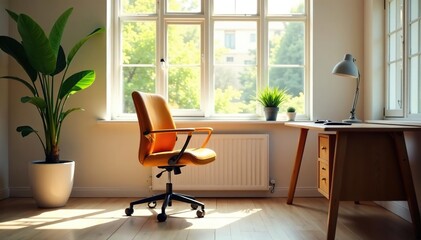 Empty chair at desk, facing window Sunlit room , workspace, peaceful, rest