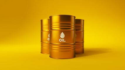 Three gold metal oil barrels on yellow background. Front view. Oil industry concept. 3d render illustration