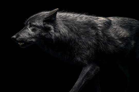 Elegant dire wolf in sharp focus on black setting  
