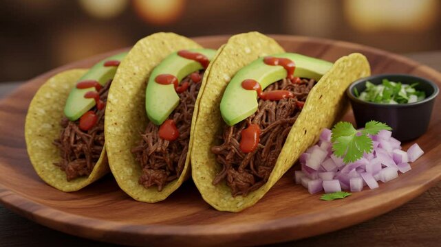 Delicious barbacoa tacos with avocado and red onion served on a wooden plate food