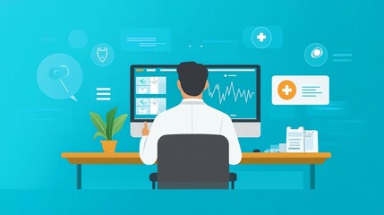 A healthcare professional analyzes data on a computer in a modern, digital workspace, focusing on patient care.
