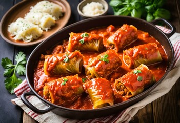 A pan filled with stuffed cabbage rolls covered in sauce.