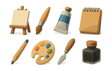 art supplies icons set: easel, paintbrush, palette, notepad, and more for creative projects