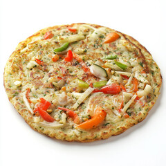 A close-up of a uttapam, with a thick pancake made from rice and lentil batter, topped with vegetables, isolated on clean white