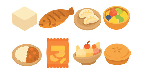 Colorful  food icons set: tofu, fish, dumplings, salad, curry, chips, sundae, pie