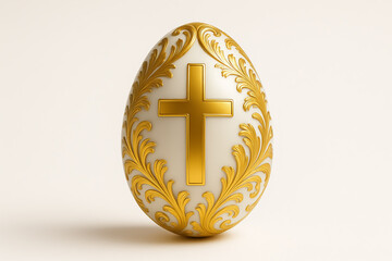White easter egg with gold motif and gold cross on it - AI Generated Image