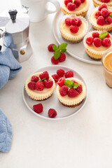 Classic New York cheesecakes in individual cups topped with fresh raspberry