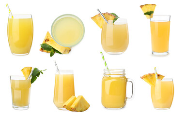Delicious pineapple juice on white background, collage