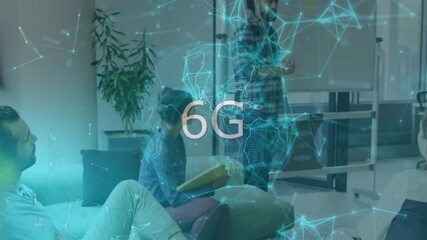 Male presenter using whiteboard and team discussing tech plans in open office with 6G globe - Powered by Adobe