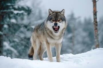 Striking dire wolf showing teeth in snowy camera stare  
