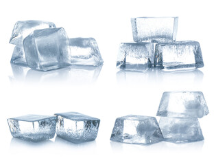 Clear ice cubes on white background, set