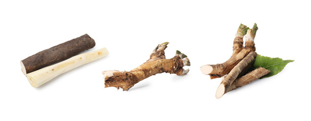 Different root vegetables isolated on white, set
