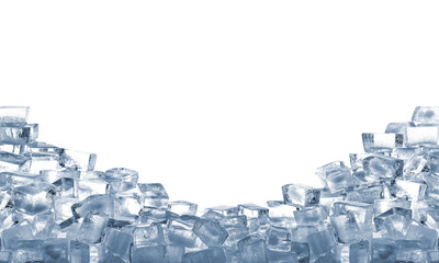 Pile of clear ice cubes on white background