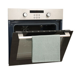 Fototapeta premium Open built-in electric oven with towel isolated on white
