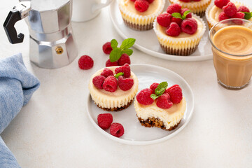 Classic New York cheesecakes in individual cups topped with fresh raspberry with a bite taken