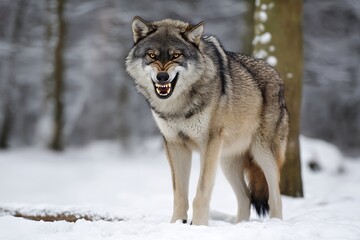 Obraz premium Dynamic dire wolf in full-body snow photo with glare 