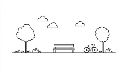 Park bench, bicycle, trees, clouds, peaceful