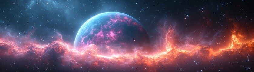 Obraz premium A stunning cosmic scene: A vibrant planet amidst colorful nebulas. The artwork captures the vastness of the universe
